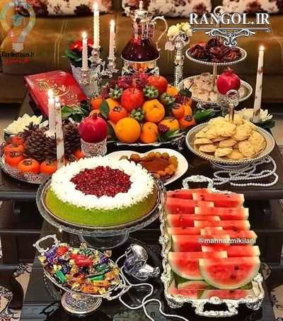 تزیین میز شب یلدایی با میوه و شیرینی و اجیل